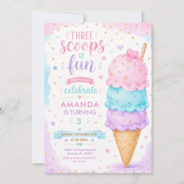 Pastel Pink Three Scoops Of Fun 3rd Birthday Party Invitation (Front)