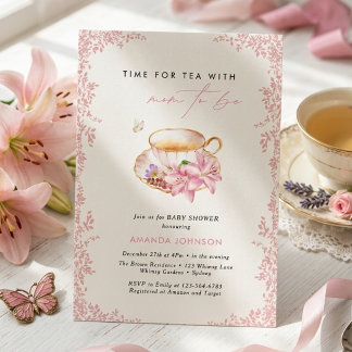 Pastel Pink Time for tea Mum-to-be baby shower Invitation