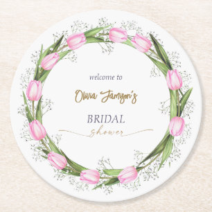 Pastel Pink Tulip & Baby’s Breath Bridal Wreath Round Paper Coaster