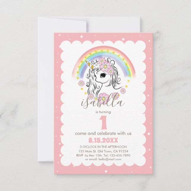 Pastel Pink Unicorn Girl Birthday Invite (Front)