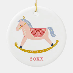 Pastel Pink Vintage 1st Christmas Rocking Horse Ceramic Tree Decoration