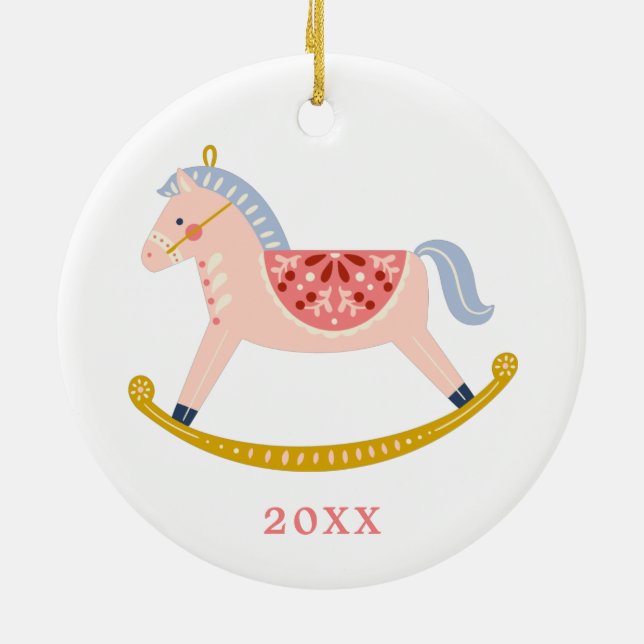 Pastel Pink Vintage 1st Christmas Rocking Horse Ceramic Tree Decoration (Back)