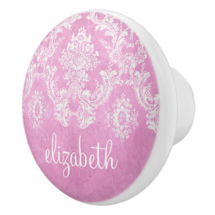 Pastel Pink Vintage Damask Pattern Grungy Finish Ceramic Knob