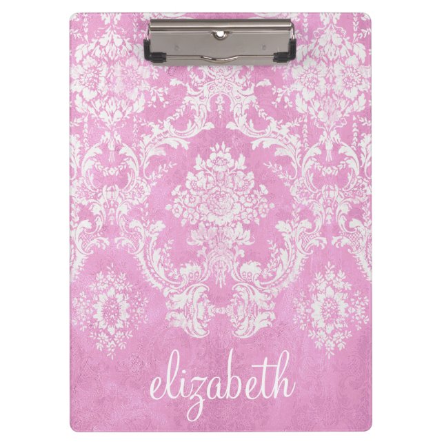 Pastel Pink Vintage Damask Pattern Grungy Finish Clipboard (Front)