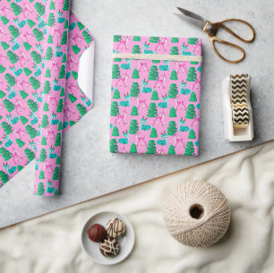 Pastel Pink Vintage Retro Christmas Reindeer Wrapping Paper