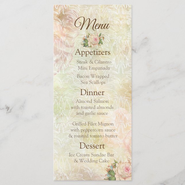 Pastel Pink Vintage Rose Wedding Menu Card (Front)