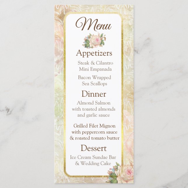 Pastel Pink Vintage Rose Wedding Menu Card (Front)