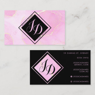 Pastel Pink Watercolor Black Diamond Monogram Business Card