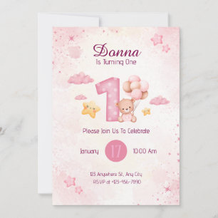 Pastel Pink Watercolor Cute bears Invitation