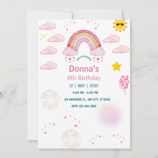 Pastel pink watercolor cute rainbow little girl  invitation