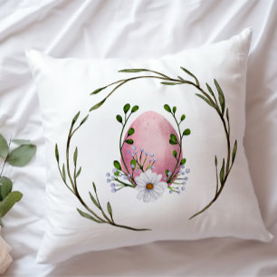 Pastel Pink Watercolor Egg Floral Wreath Easter Cushion