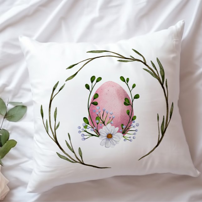Pastel Pink Watercolor Egg Floral Wreath Easter Cushion (Creator Uploaded)