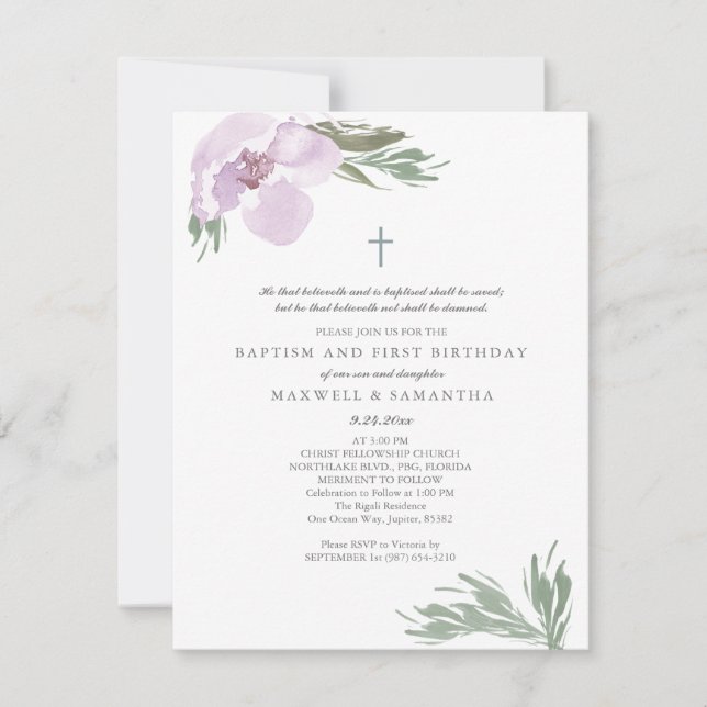 Pastel Pink Watercolor Florals Twins Baptism Invitation (Front)
