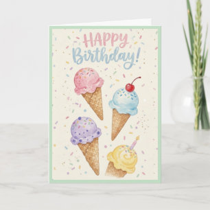 Pastel Pink Watercolor Ice Cream Cone Birthday Card