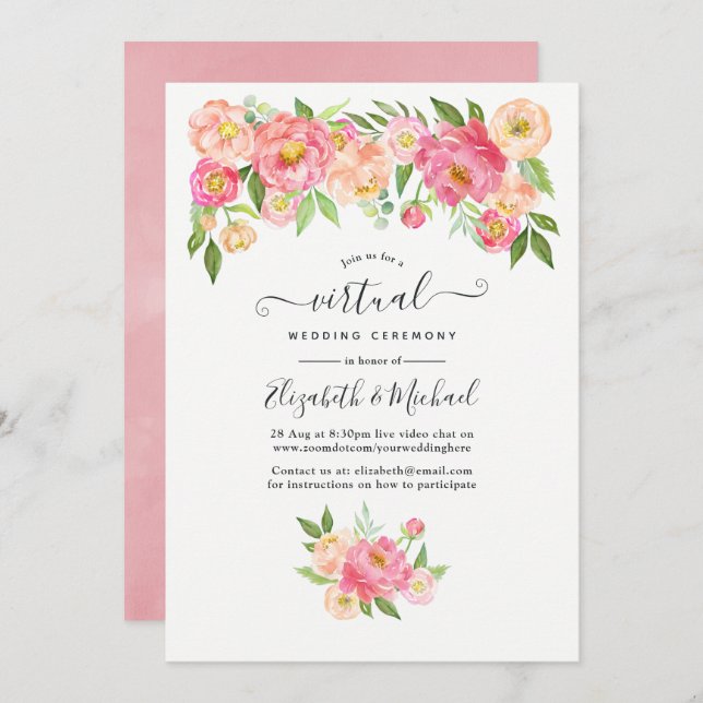 Pastel Pink Watercolor Online Virtual Wedding Invitation (Front/Back)