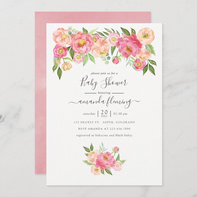 Pastel Pink Watercolor Peonies Baby Shower Invitation (Front/Back)