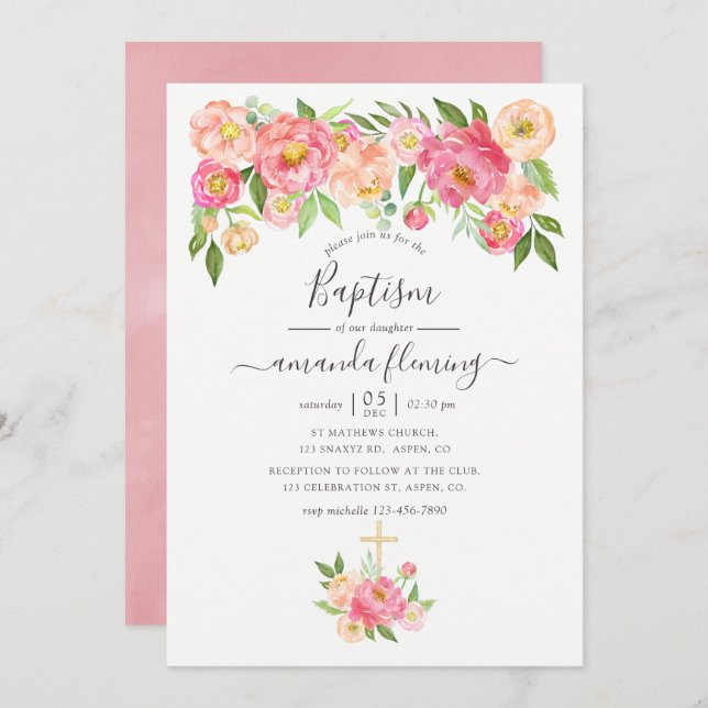 Pastel Pink Watercolor Peonies Baptism Invitation (Front/Back)