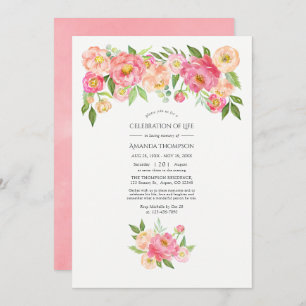 Pastel Pink Watercolor Peonies Celebration of Life Invitation