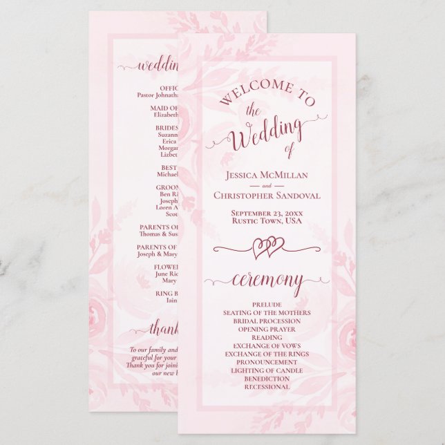 Pastel Pink Watercolor Peonies Elegant Wedding Programme (Front/Back)