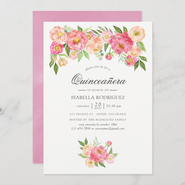Pastel Pink Watercolor Peonies Quinceañera Invitation (Front/Back)