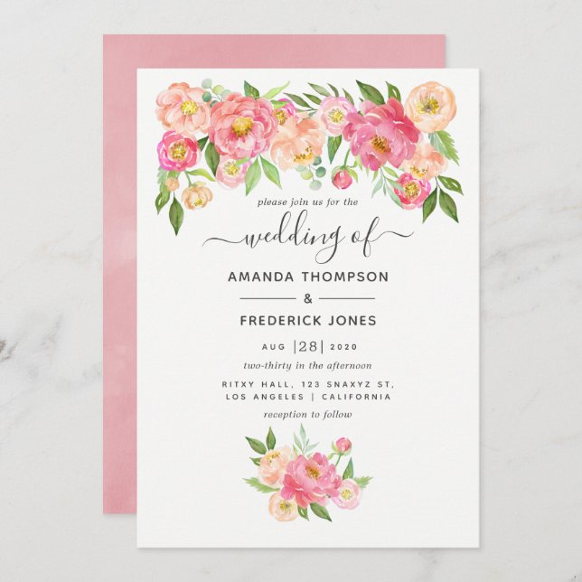 Pastel Pink Watercolor Peonies Wedding Invitation (Front/Back)