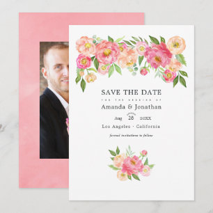 Pastel Pink Watercolor Peonies Wedding Photo Save The Date