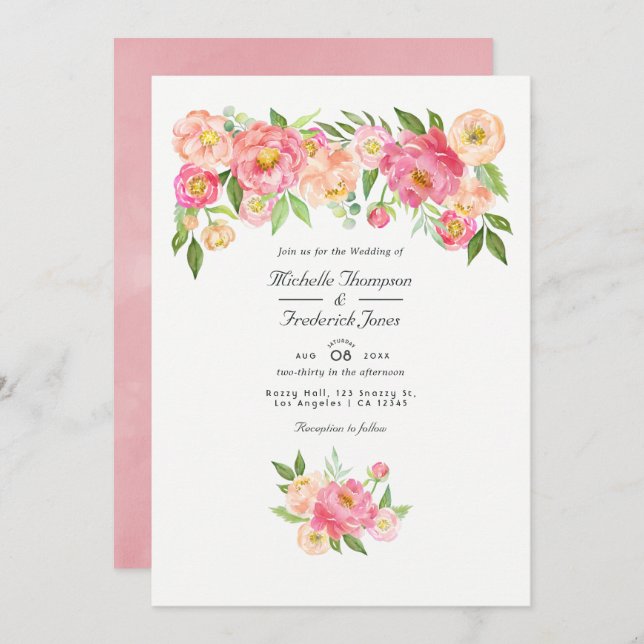 Pastel Pink Watercolor Peony QR Code RSVP Wedding Invitation (Front/Back)
