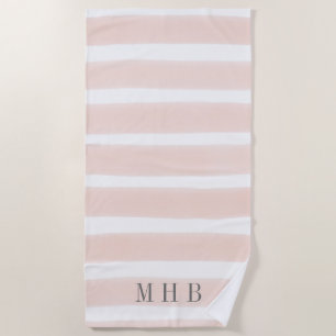 Pastel Pink Watercolor Stripe Monogram Beach Towel