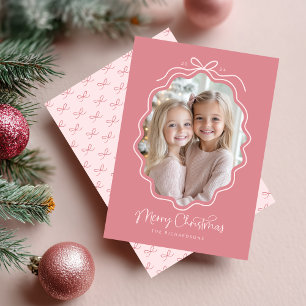 Pastel Pink Wavy Retro Photo Christmas Holiday Card