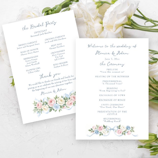 Pastel Pink, White and Blue Roses & Ribbon Programme (Creator Uploaded)
