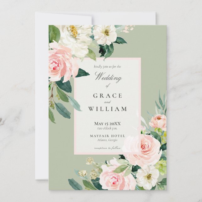 Pastel Pink White and Green Floral Wedding Invitation (Front)