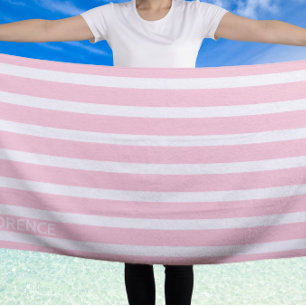 pastel pink white  cabana stripes  - personalised beach towel