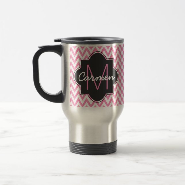 Pastel Pink & White Chevron Monogram Travel Mug (Left)