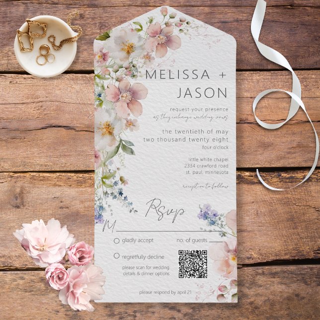 Pastel Pink & White Floral Modern QR Code All In One Invitation (Creator Uploaded)