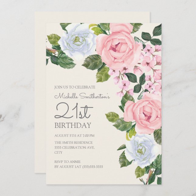 Pastel Pink White Floral Woman's 21st Birthday Invitation (Front/Back)
