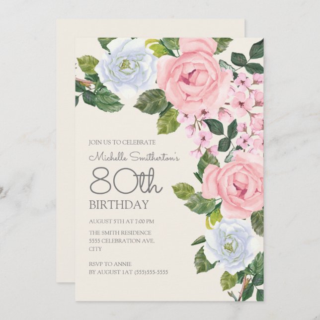 Pastel Pink White Floral Woman's 80th Birthday Invitation (Front/Back)