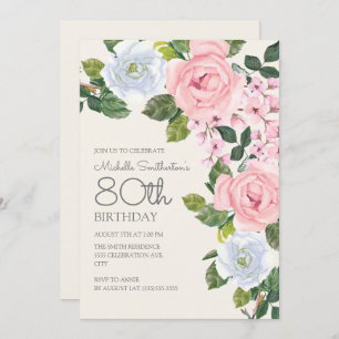 Pastel Pink White Floral Woman's 80th Birthday Invitation