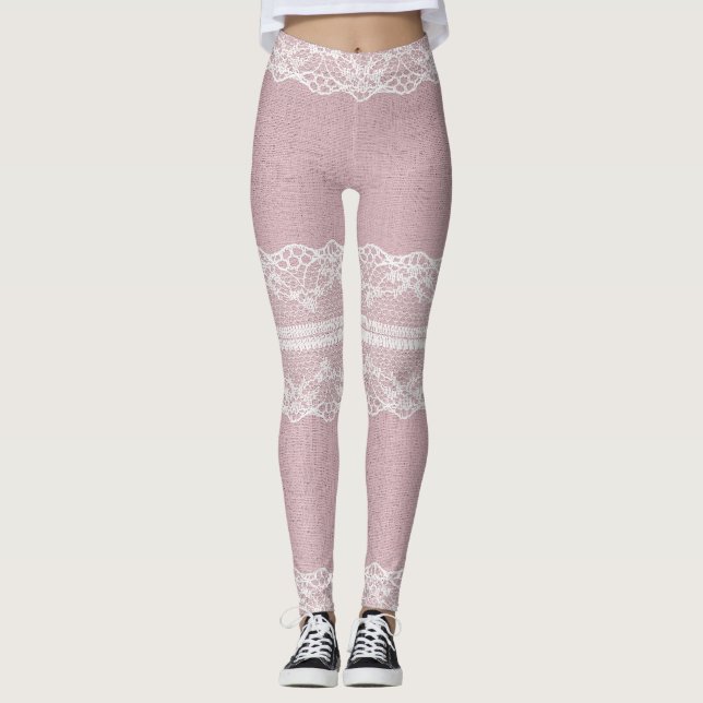 Pastel Pink White Lace Texture Leggings (Front)
