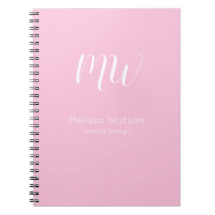 Pastel Pink White Script Monogram Simple Name Notebook