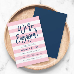 Pastel Pink & White Stripes Blue Engagement Party Invitation