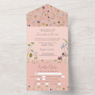 Pastel Pink Wild Flower Boho Botanical Wedding  All In One Invitation