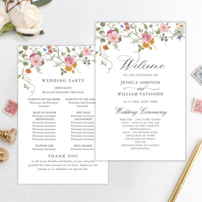 Pastel Pink Wild Flowers Wedding Ceremony Program (Creator Uploaded)