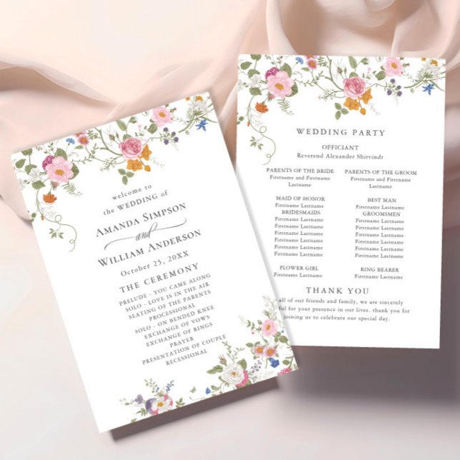 Pastel Pink Wild Flowers Wedding Ceremony Programme (Creator Uploaded)