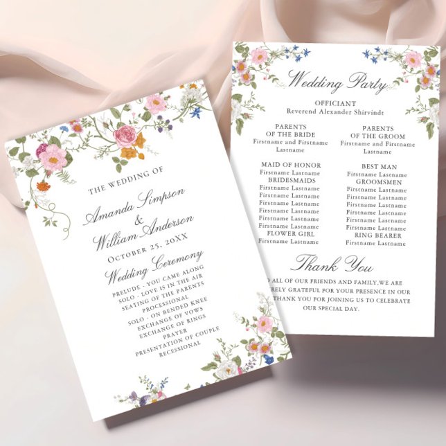 Pastel Pink Wild Flowers Wedding Ceremony Programme (Creator Uploaded)