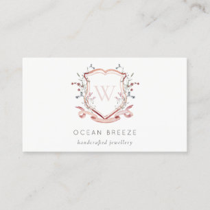 Pastel Pink Wildflower Watercolor Crest Monogram Business Card
