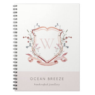 Pastel Pink Wildflower Watercolor Crest Monogram Notebook