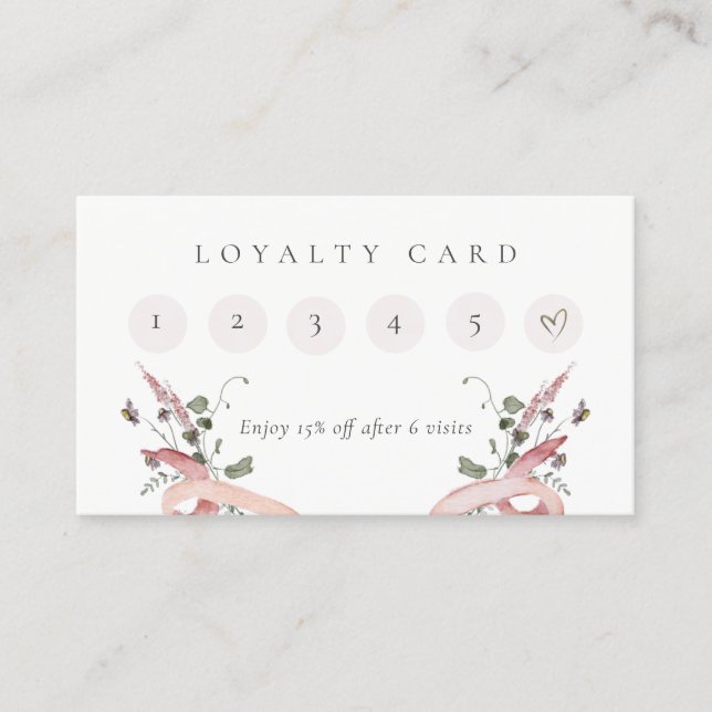 Pastel Pink Wildflower Watercolor Ribbon Loyalty Business Card (Front)