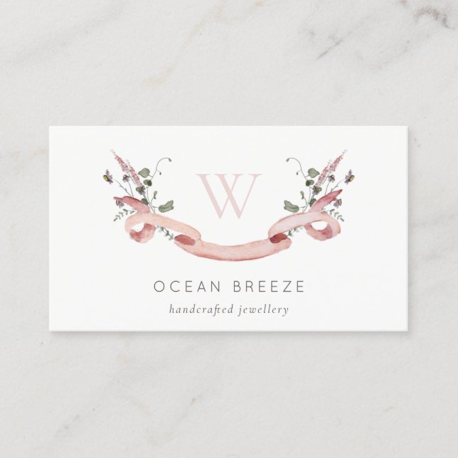 Pastel Pink Wildflower Watercolor Ribbon Monogram Business Card (Front)