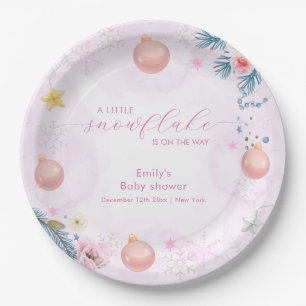 Pastel Pink Winter Snowflake Floral Baby Shower  Paper Plate