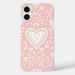 PASTEL PINK WITH WHITE HEARTS AND FLOWERS iPhone 16 PLUS CASE